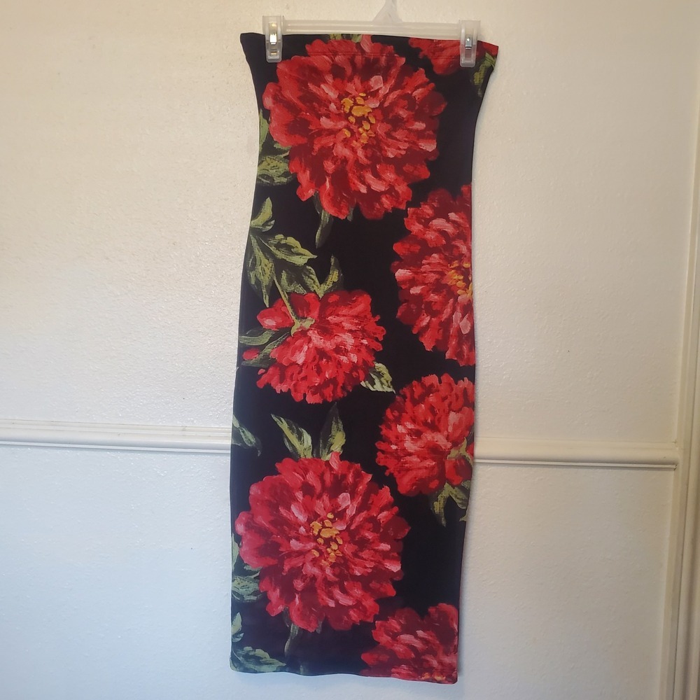 Monaco USA Red Floral Bodycon Tube Dress Black Strapless Midi Womens M D8797-D